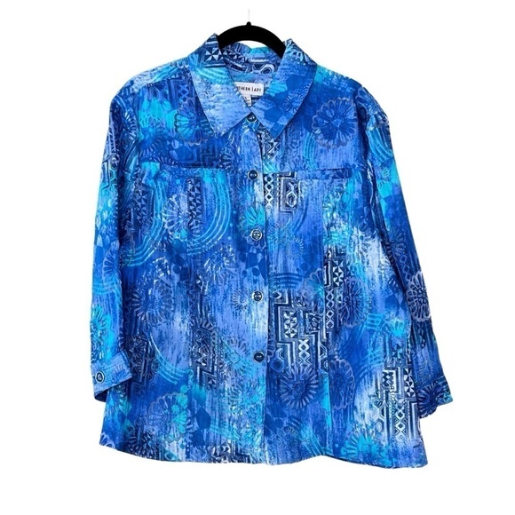 SOUTHERN LADY Aqua Blue Floral Long Sleeve Button Down Blouse Jacket Size L - Picture 4 of 16